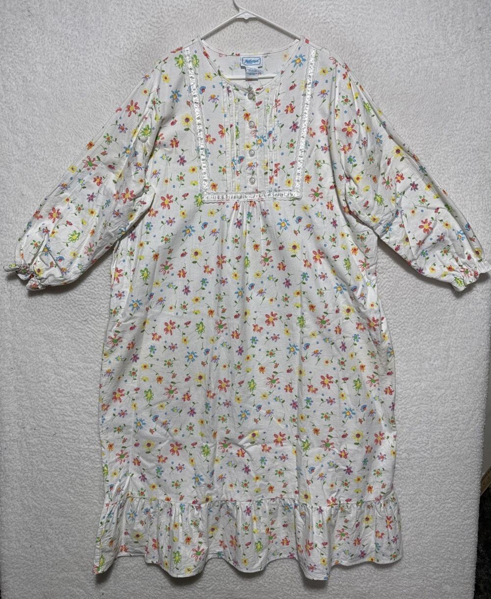 VTG Floral Cotton Flannel Women's Nightgown Long Sleeve Brand National Size 2XL